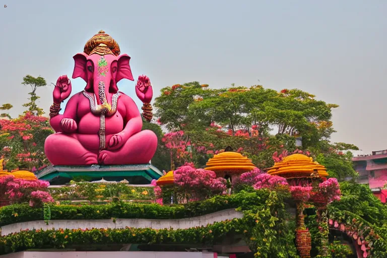 Image similar to beautiful futuristic new delhi, sharp biophilic ganesha!! building, kalighat flowers, highly detailed, stephen shore & john j. park, cinematic morning light, wide shot, ground angle, uhd 8 k, sharp focus