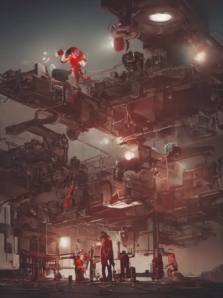 Prompt: graphic art of dystopian futuristic 1 0 mechanic surgeons in space suits, operate on a huge mickey - mouse! severed - head!! held by a crane. ominous glowing red netflix!!! sign in the background, trending on art station, beeple!!, clean concept art, smooth, octane render