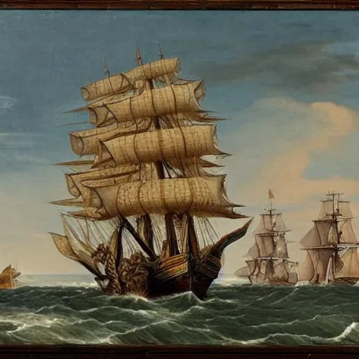 Image similar to a giant octopus with tentacles wrapped around a spanish galleon, by george philip reinagle