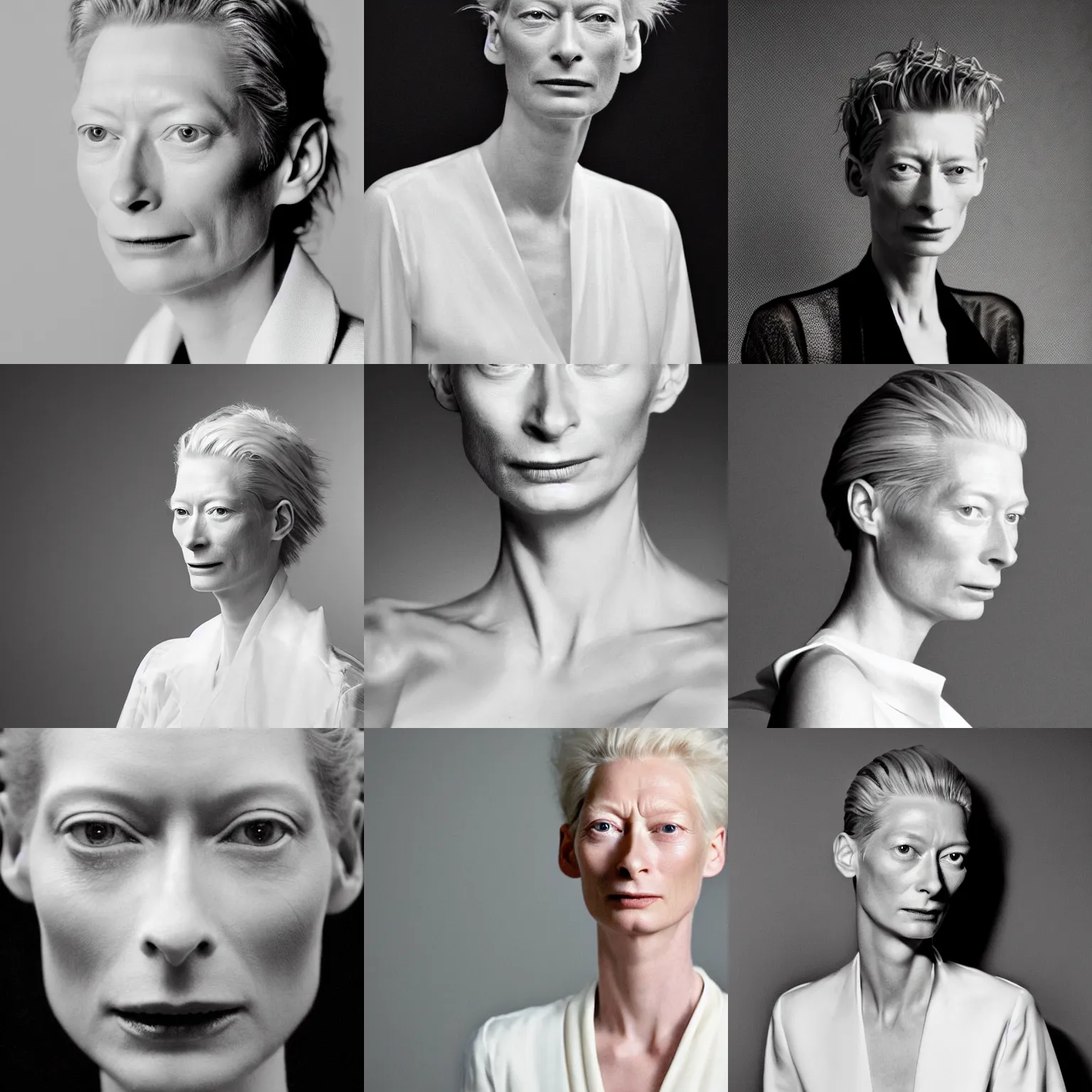 Prompt: the close - up portrait photo of young beautiful tilda swinton weared in white dress in black studio