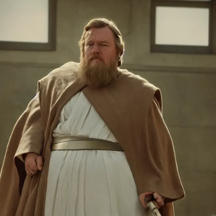 Image similar to obi wan kenobi but obese!! and overweight, photoralistic rendering, movie still, screenshot, hyperdetailed