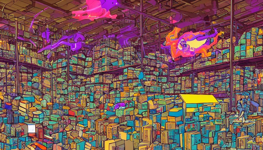 Image similar to a warehouse with huge shelves in which stacks of paper are stored, video game vector cutout illustration vivid multicolor borderlands comics by josan gonzales and dan mumford radiating a glowing aura