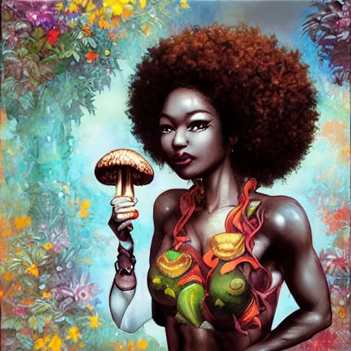 Image similar to black woman with afro serving mushrooms by artgerm yoshitaka amano