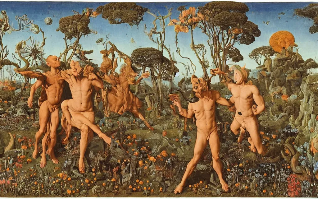 Image similar to a portrait photograph of a meditating satyr and a centaur monk riding a rocket machine and hunting at a river delta. surrounded by bulbous flowers and trees. mountain range under a blue sky of fiery stars. by jan van eyck, max ernst, ernst haeckel, ernst fuchs and artgerm, cgsociety, fashion editorial, 8 k