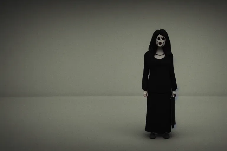 Prompt: a creepy woman wearing all black, standing in a dark, eerie room, melancholic, dreary, sinister, 3D render,