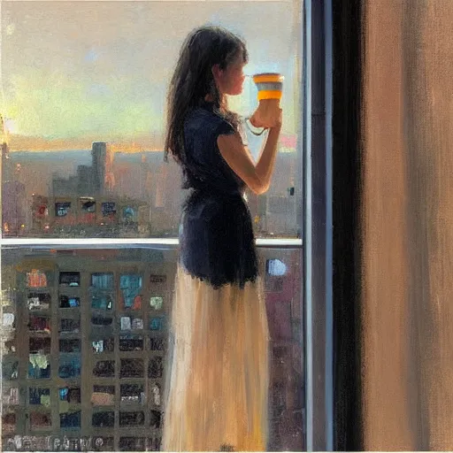 Prompt: “ a girl holding a cup of coffee looking out a window overlooking the east village in new york city, morning light, by daniel gerhartz ”