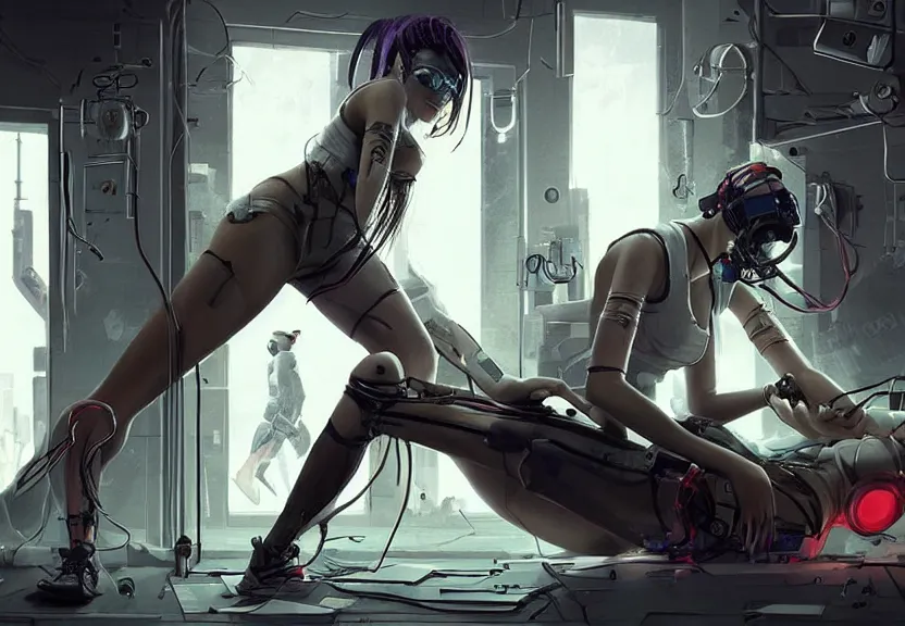 Prompt: cyberpunk girl replacing her leg in a laboratory, epic, artwork by Inceoglu, Ismail