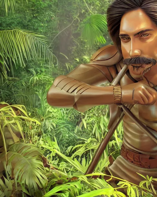 Image similar to 3d render of a spanish conquistador in a dense jungle, art by nicola saviori and studio ghibli
