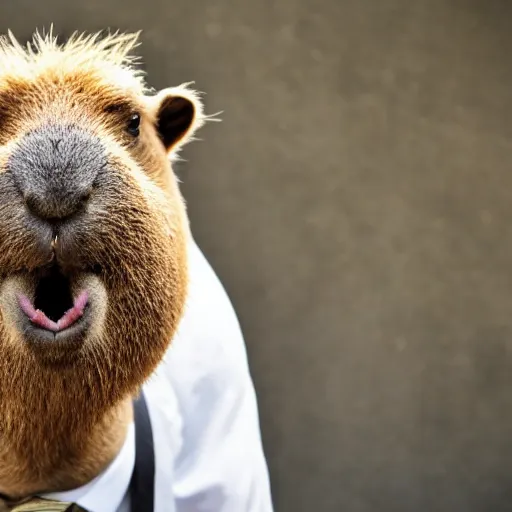 Image similar to an antropomorphic capybara wearing a suit smoking a cigar