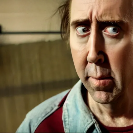 Prompt: nic cage but he is emaciated and starving to death, movie still, hd digital photography