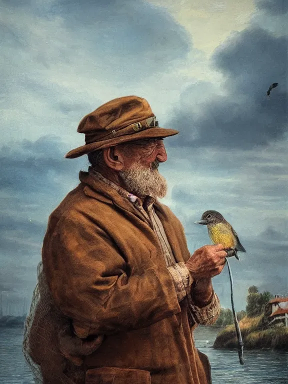 Image similar to realistic renderings portrait of very old fisher man portrait with a hat, wearing a fisher 🧥, coloured wears, ( ( ( ( ( a bird in the sky ) ) ) ) ) ponton port scene background, astonishing scenes, detailed, photorealism, volumetric lighting, autumn lights colors, ultra detailed