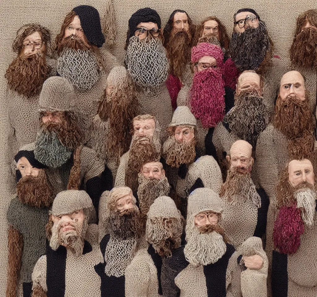 Image similar to some people that i had read about had knitted all of their beards together, a macrame homage to a better life, a tapestry depicting human failure, in real time and in three or four dimensions. they had been put in prison after they had knitted themselves to a shoplifter in solidarity