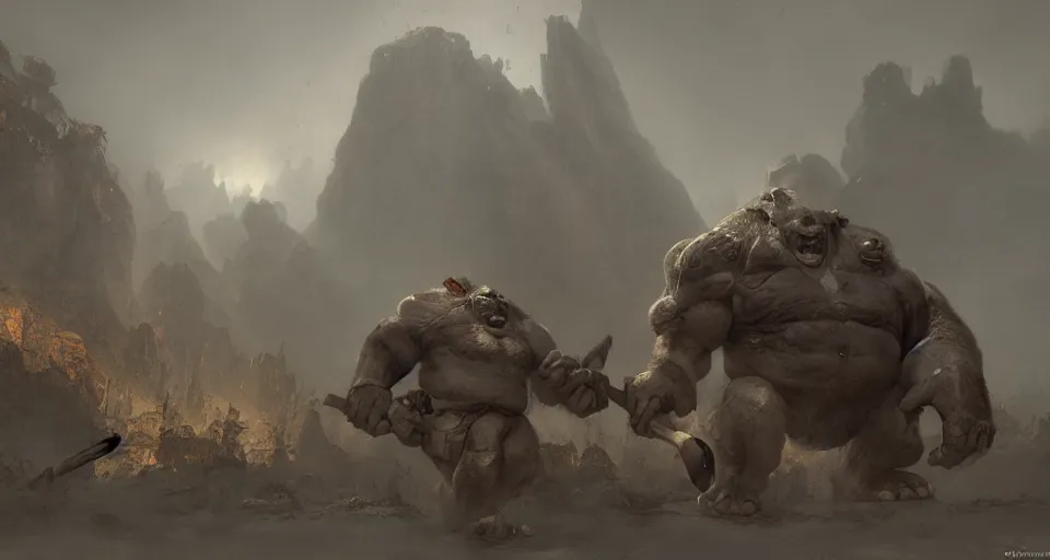 Prompt: one big giant ogre troll with a club. dust and fog atmosphere. by eddie mendoza and craig mullins. volumetric lights