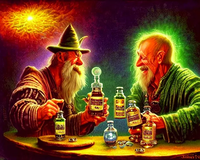 Image similar to A richly detailed fantasy digital art of an ancient vintage apothecary magic arcane nebula healing elixir potion bottle trading card an esoteric blender render by Bob Eggleton, two jolly wizards enthusiastically drinking and imbibing magic potions