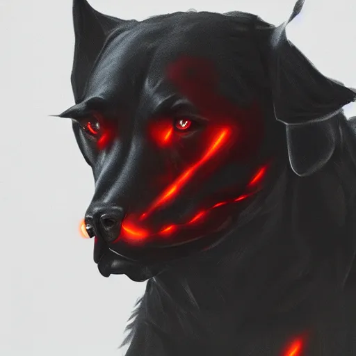 Image similar to cinematic portrait of brutal epic dark dog with crown, concept art, artstation, glowing lights, highly detailed