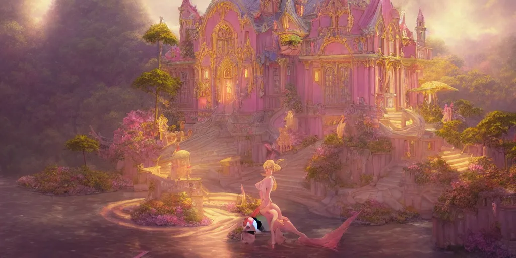 Prompt: hyperrealistic painting of fairy of love and her palace, in the style of Krenz Cushart, Moebius, and Muchain, Prismatic, Rococo, highly detailed, masterpiece, award-winning, sharp focus, intricate concept art, warm lighting, 8k, artstation