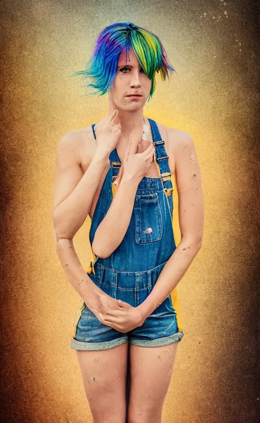 Prompt: grungy woman, rainbow hair, soft eyes and narrow chin, dainty figure, wet t-shirt, torn overalls, skimpy shorts, Sony a7R IV, symmetric balance, polarizing filter, Photolab, Lightroom, 4K, Dolby Vision, Photography Award