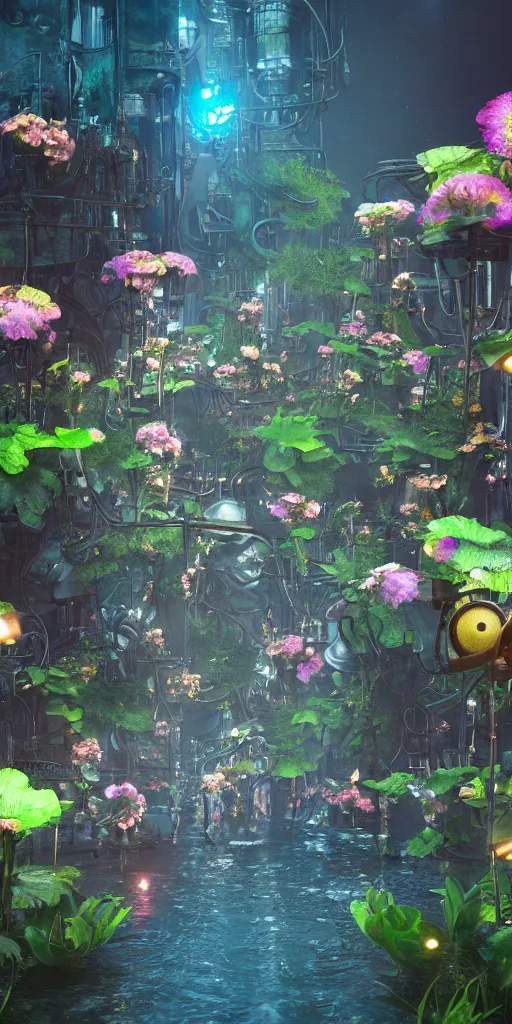 Image similar to alien tech flowers on steampunk land by pixar, smooth, cinematic, wet reflections, ray tracing x, rtx, smooth