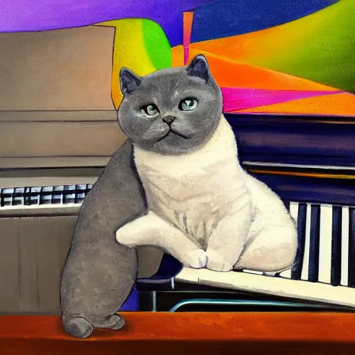 Image similar to portrait of a grey british shorthair cat sitting on piano keys with musical notes in the background detailed colorful luminescent oil painting in the style of claudia sanchez 4 k