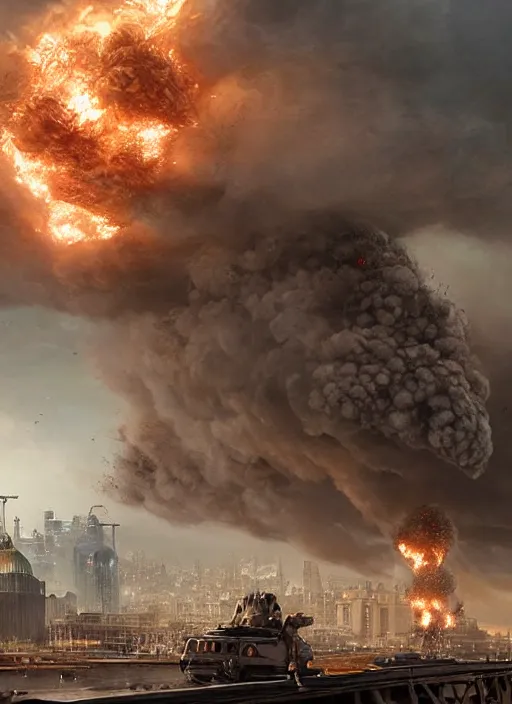 Image similar to hyper realistic giant fluffy caracal attacking moscow city harbor explosions, atmospheric beautiful details, strong composition painted by kim jung giu weta studio rutkowski, james gurney and greg rutkowski, and lucasfilm