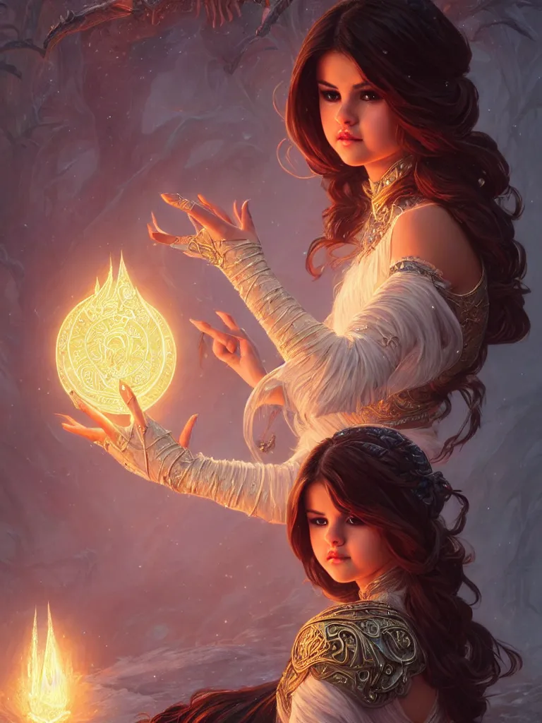 Image similar to Selena Gomez casting an frost spell, D&D, fantasy, intricate, elegant, highly detailed, digital painting, artstation, concept art, matte, sharp focus, illustration, hearthstone, art by Artgerm and Greg Rutkowski and Alphonse Mucha