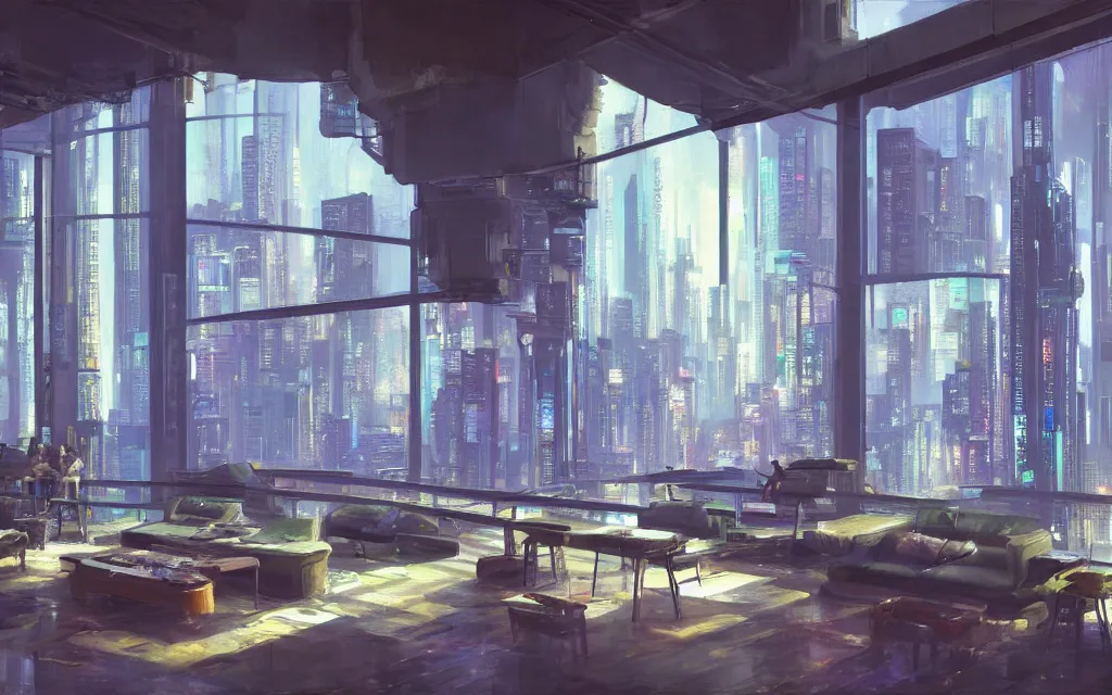 Image similar to cyberpunk loft lounge with tall windows, no people, city in background, drawn by feng zhu, sparse plants, dim painterly lighting volumetric aquatics, impasto