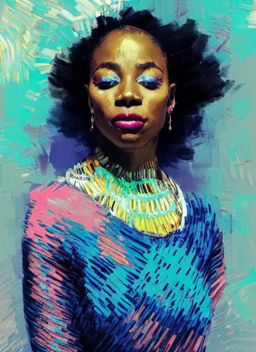 Image similar to portrait of a beautiful black woman, smiling, ecstatic, dancing, eyes closed, open mouth, shades of pink and blue, beautiful face, rule of thirds, intricate outfit, spotlight, by greg rutkowski, by jeremy mann, by francoise nielly, by van gogh, digital painting