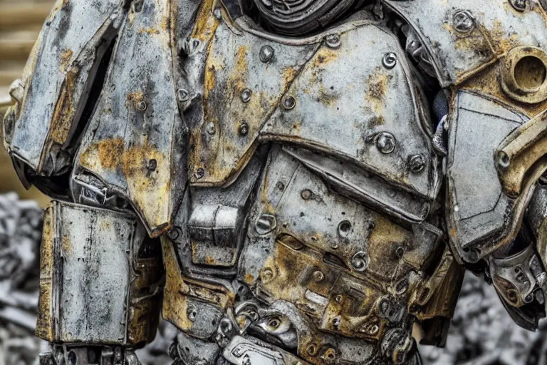 Image similar to low angle wide shot photo taken of an epic intricate, ultra detailed, super realistic gritty, hero prop, exquisitely weathered very clunky, bulky fallout 5 power armour suits movie prop replica's in a row in the workshop, created by weta workshop, full body shot, photorealistic, sharp focus, white wall, cold colour temperture, golden ratio