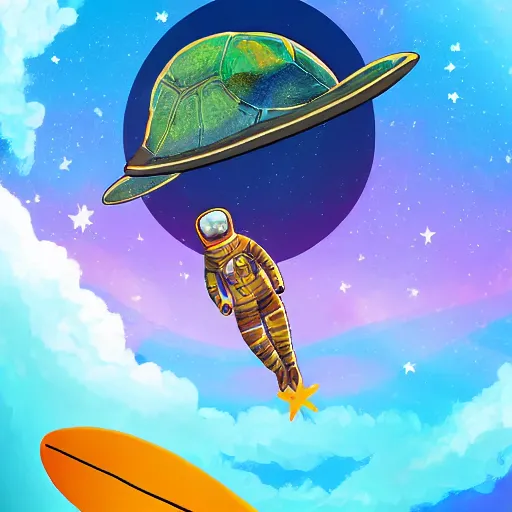 Image similar to an astronaut surfing on a sea turtle over a rainbow past planets in space, digital art, artstation, 4k