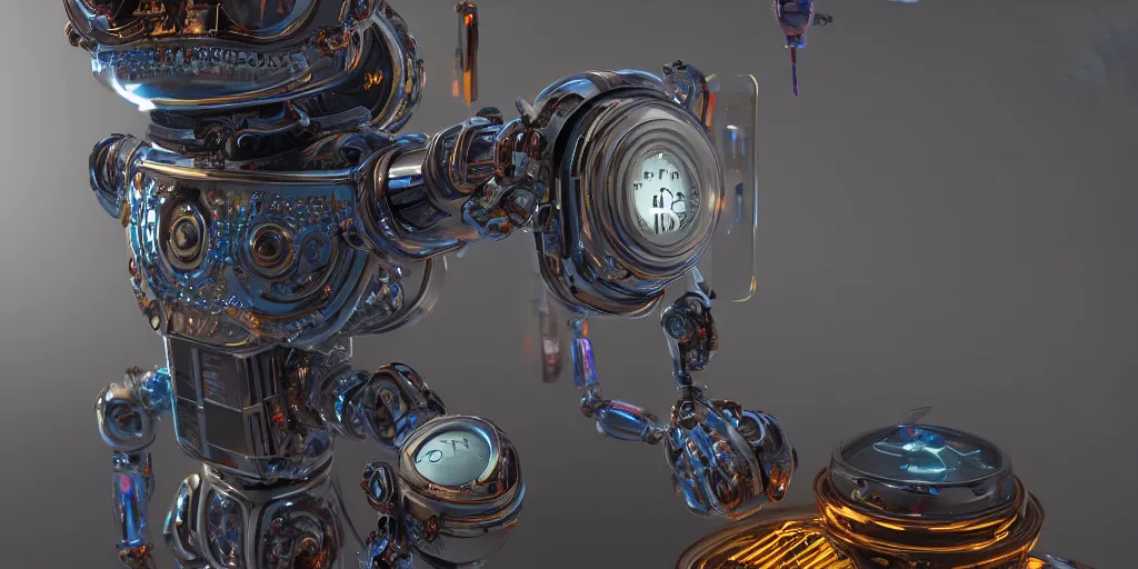 Image similar to nixie tube robot with robot legs, ornate, hyper realism, reflections, intricate, realistic, digital art, detailed, studio shot, unreal engine 5, octane, high definition, artstation, concept art, behance