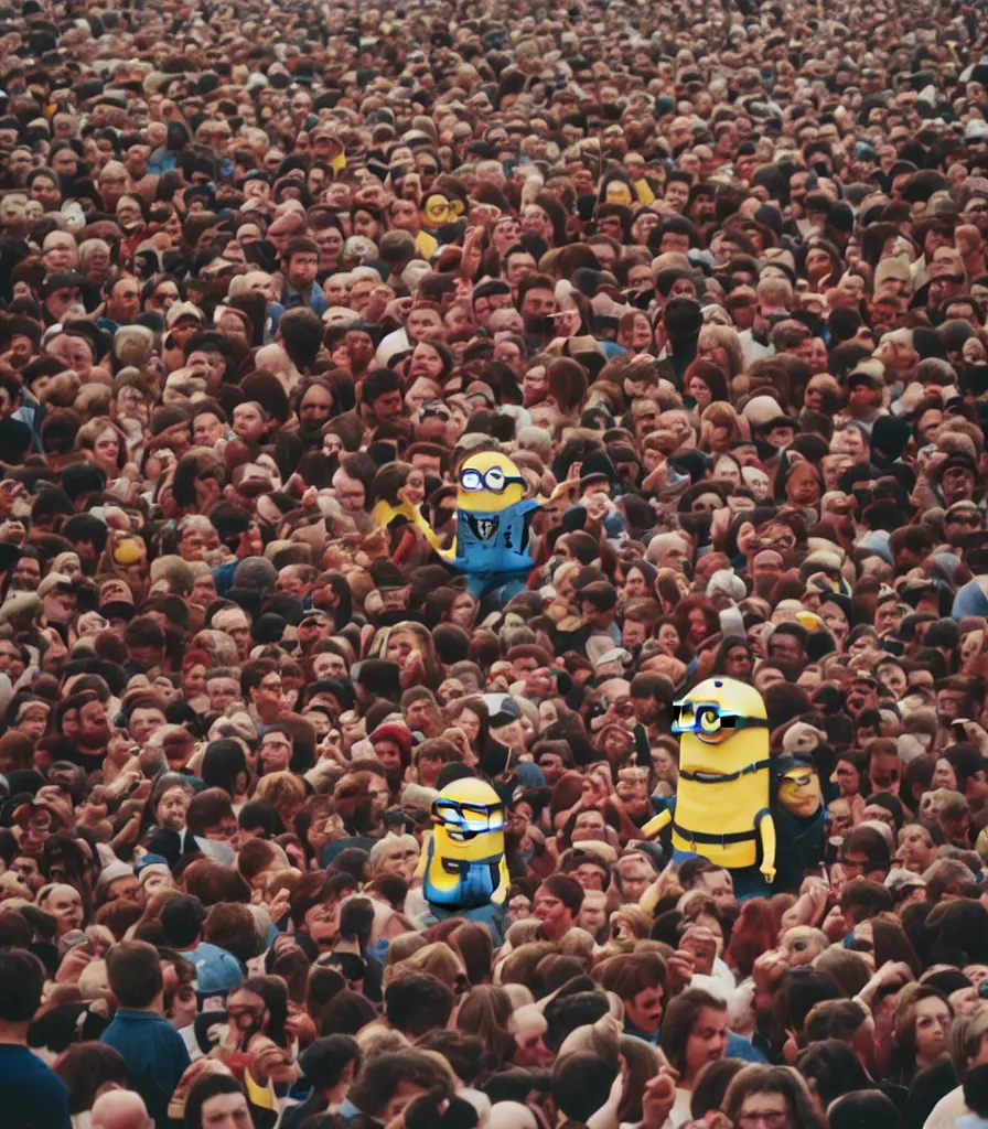 Image similar to one minion surrounded by an angry crowd of humans. the minion is bleeding red blood. a large wooden cross is in the background. kodak gold 2 0 0,