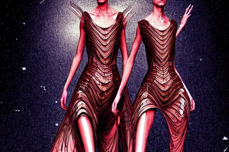 Prompt: space station, walking down the catwalk, stage, podium, vogue, fashion show photo, iris van herpen baroque dress, beautiful woman, perfect body, full body shot, masterpiece, artstation