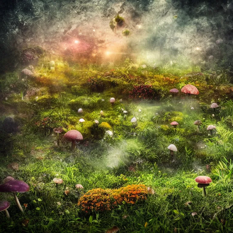 Image similar to a planet of various fungus, mushrooms, flowers and plants, inside the picture is infinity, Atmospheric, artistic photography, conceptual, long exposure outside the city, volumetric light