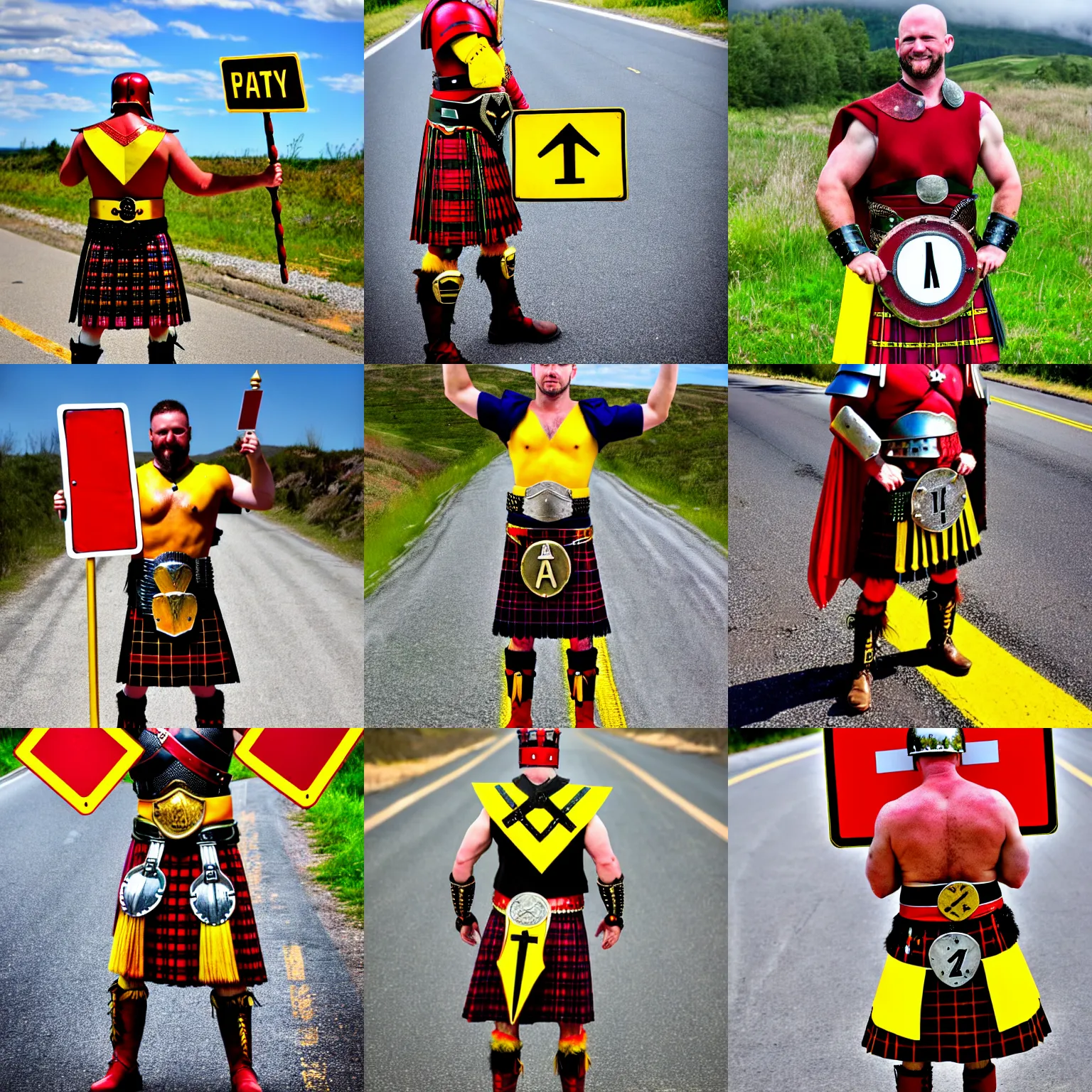 Prompt: gladiator wearing a road sign on his kilt, red and yellow road sign armor