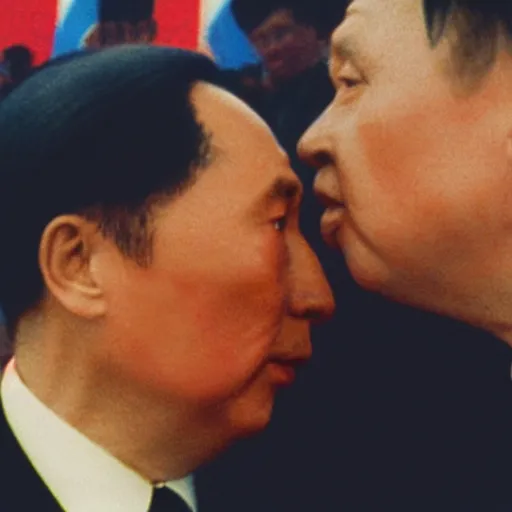 Prompt: photo of chairman mao and putin kissing