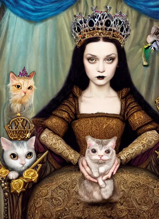 Image similar to highly detailed closeup portrait of a goth medieval queen wearing a crown and sitting on a throne, surrounded by cute cats, unreal engine, nicoletta ceccoli, mark ryden, earl norem, lostfish, global illumination, god rays, detailed and intricate environment