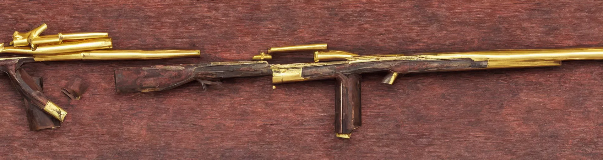 Image similar to a shotgun made from glossy red - painted wood and elements of gold metalwork