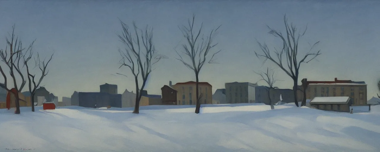 Prompt: an edward hopper style painting of a ( ( ( ( ( ( ( ( miskolc, is a city in northeastern hungary ) ) ) ) ) ) ) ), winter, january of 1 9 4 8