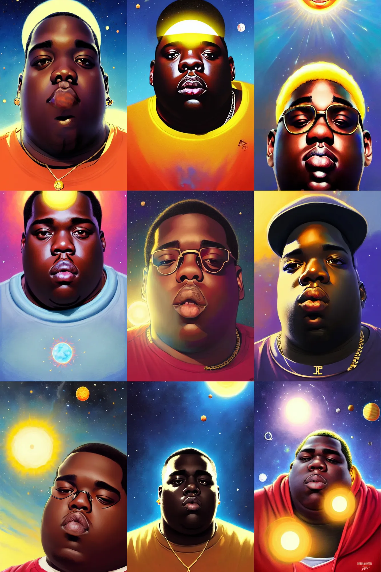 Prompt: the notorious b. i. g. as the sun from our solar system, animation pixar style, shaded lighting poster by magali villeneuve, artgerm, jeremy lipkin and michael garmash, rob rey and kentaro miura style, trending on art station