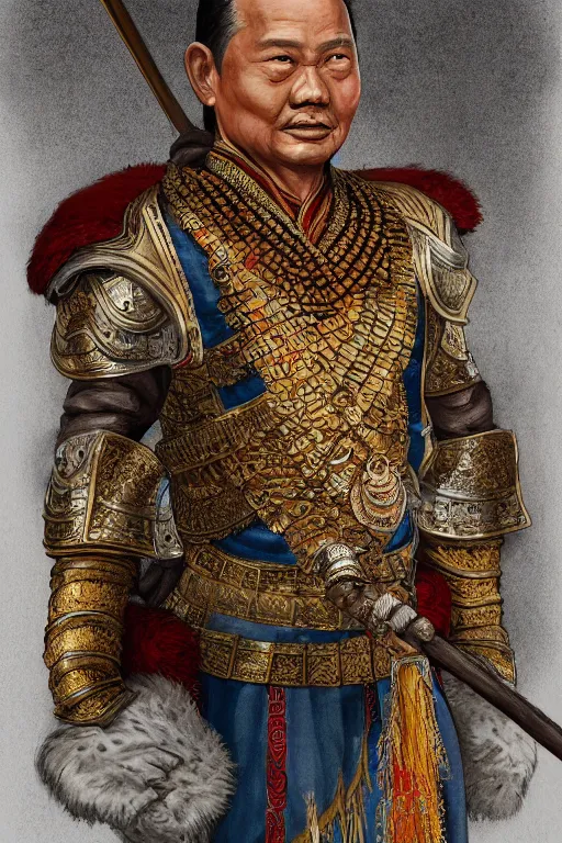 Prompt: full body portrait of king ramkhamhaeng the great, leather armor, tai ethnic group leader, highly detailed, digital painting, watercolor, artstation, concept art, smooth, sharp focus, illustration