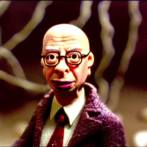 Prompt: claymation klaus schwab by jan svankmajer, hyperrealistic, very detailed, tim burton, 3 5 mm film still, gothic, horror, eldritch