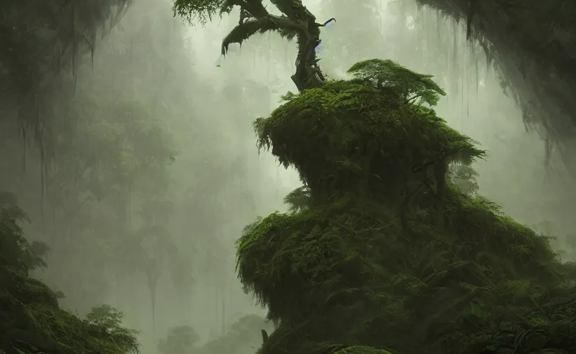 Prompt: dark dense jungle, soft grey and green natural light, intricate, digital painting, artstation, concept art, smooth, sharp focus, illustration, art by greg rutkowski and luis rollo and uang guangjian and gil elvgren, symmetry!