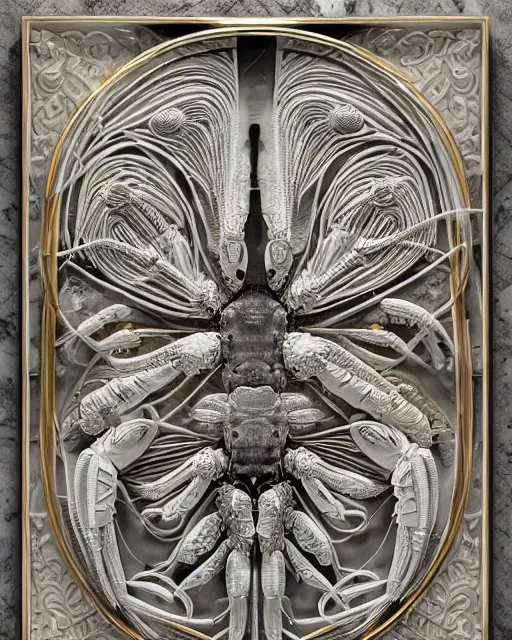 Image similar to symmetry, white marble, white marble bas relief sculpture, white pottery with gold kintsugi, feminine shapes, crabs, spiders, scorpions, tarantulas, stunning, highly detailed, intricately detailed, art nuevo, octane, 8 k, hdr, art by hr geiger and ridley scott and alphonse mucha, trending on artstation