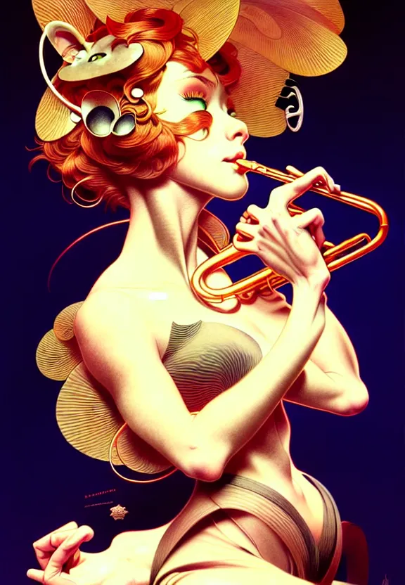 Image similar to ' mousey woman studying jazz music ', beautiful shadowing, 3 d shadowing, reflective surfaces, illustrated completely, 8 k beautifully detailed pencil illustration, extremely hyper - detailed pencil illustration, intricate, epic composition, masterpiece, bold complimentary colors. stunning masterfully illustrated by artgerm, range murata, alphonse mucha.