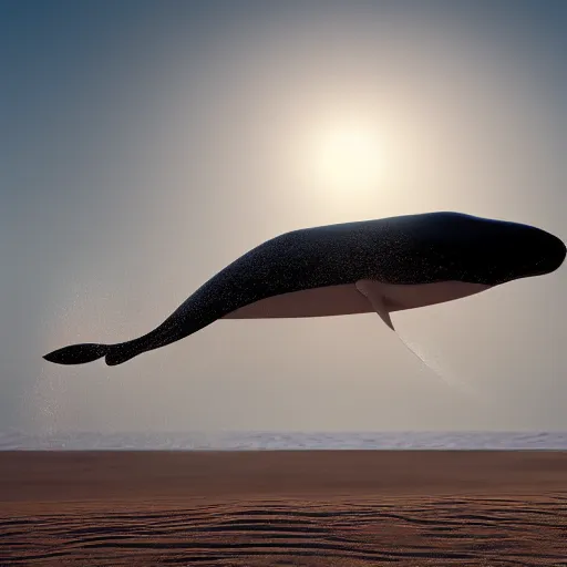 Image similar to a magic whale jumping out of the sand majestically, realistic, 4 k