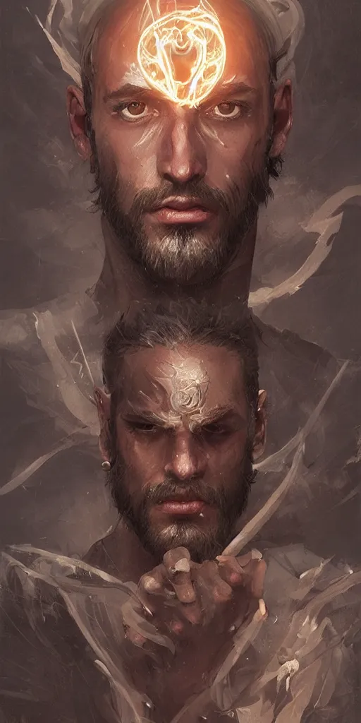 Prompt: a professional full portrait painting of a handsome young wizard olive skin, buzzed short dark hair, beautiful bone structure, symmetrical facial features, casting an evil spell, a floating glowing spellbook, , intricate, elegant, digital painting, concept art, smooth, sharp focus, illustration, from Metal Gear, by Ruan Jia and Mandy Jurgens and Artgerm and William-Adolphe Bouguereau