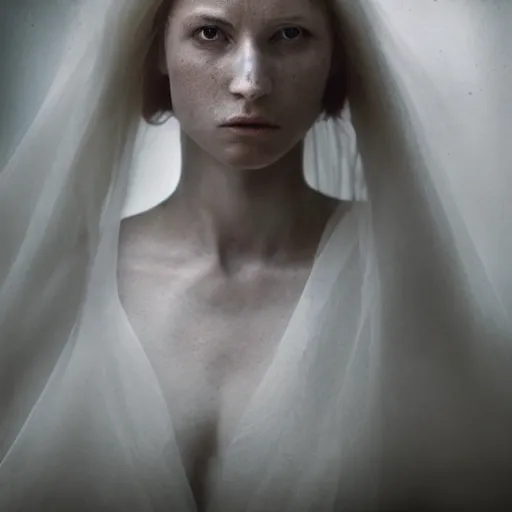 Image similar to portrait of a ghostly haunting female, depth of field, zeiss lens, detailed, symmetrical, centered, fashion photoshoot, by annie leibovitz and steve mccurry, david lazar, jimmy nelsson, breathtaking, 8 k resolution, extremely detailed, beautiful, establishing shot, artistic, hyperrealistic, beautiful face, octane render