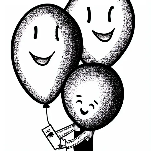 Image similar to book illustration of a balloon character holding a floating human by a string, book illustration, monochromatic, white background, black and white image