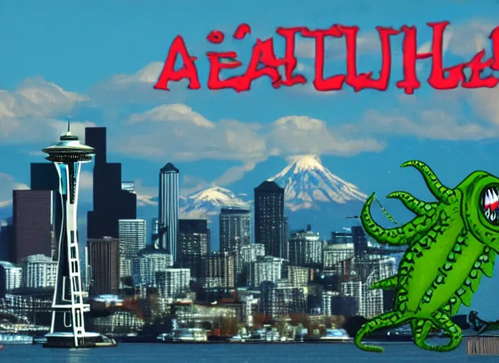 Prompt: seattle being attacked by a sea monster