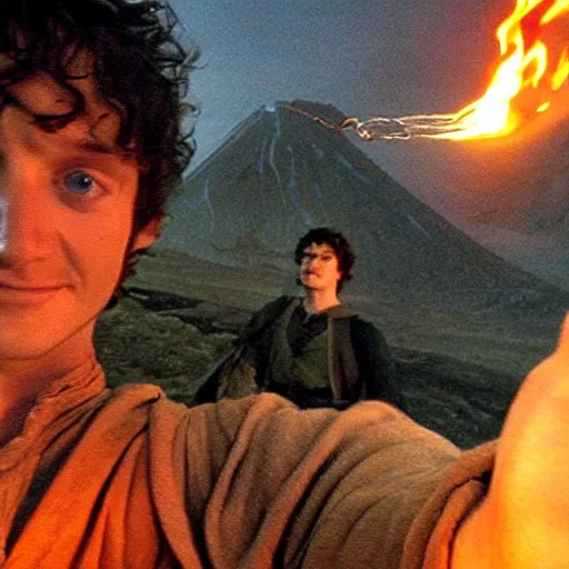 Image similar to Frodo taking a selfie after destroying the one Ring at Mount Doom, photograph, go pro, fire , lava, self portrait, in the style of the Lord of the Rings movies